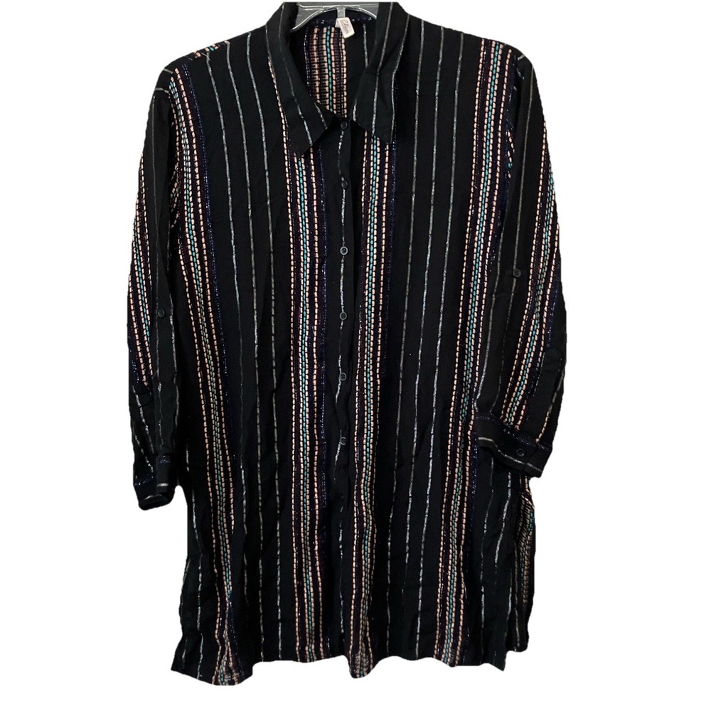 Elan Shimmer Y2K Disco Tunic Dress Roll Tab Sleeve Vertical Multicolor Stripe